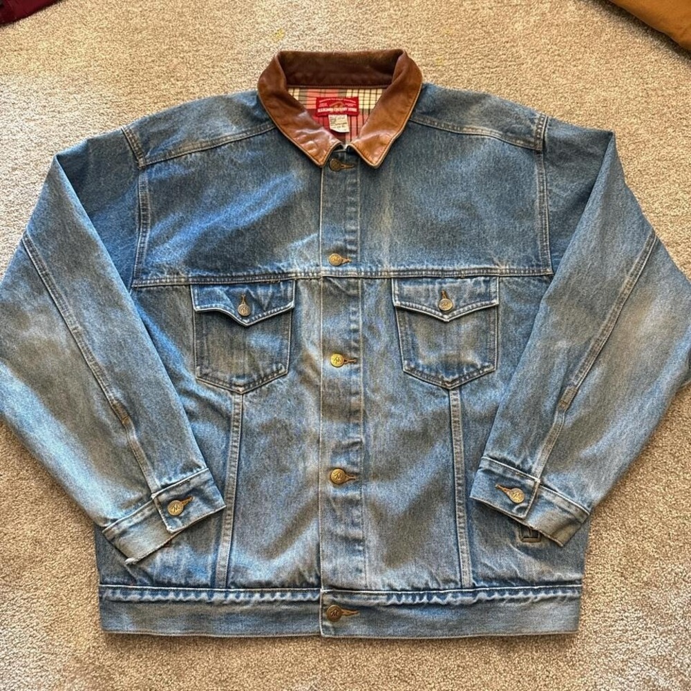 Vintage Marlboro Denim Jacket XL Leather Collar USA Western Cowboy Trucker Coat